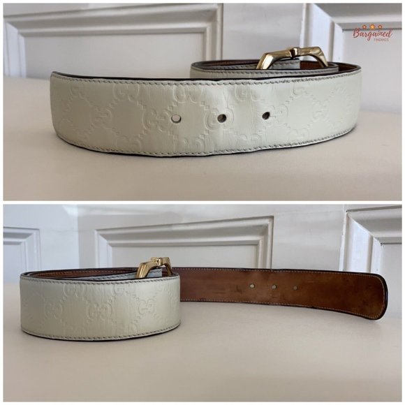 Authentic Gucci Cream GG Embossed Signature Leather Gold Pin Buckle Belt 90/36 - Picture 11 of 13